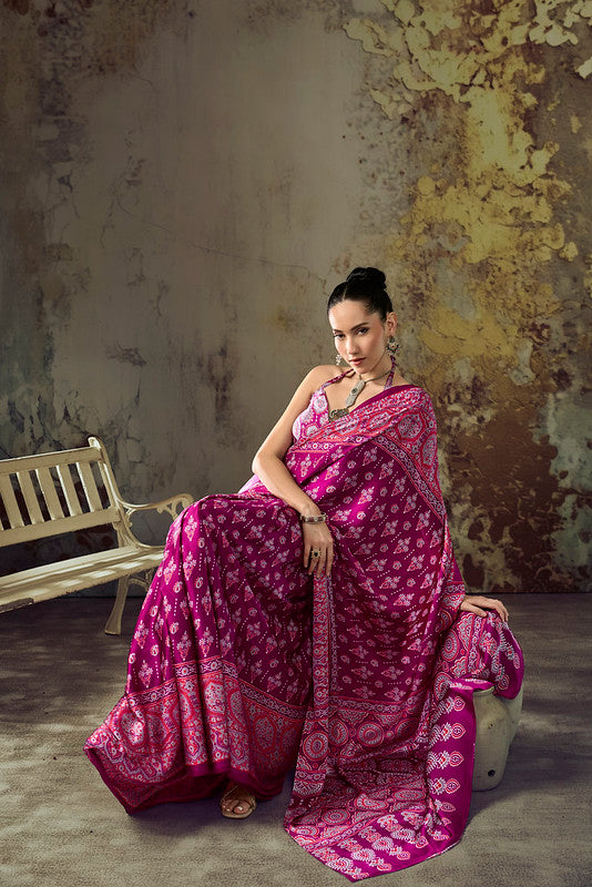 Mulberry Pink Ajrakh Printed Saree