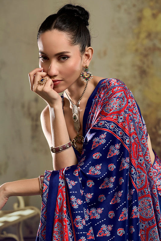 Midnight Blue Ajrakh Printed Saree
