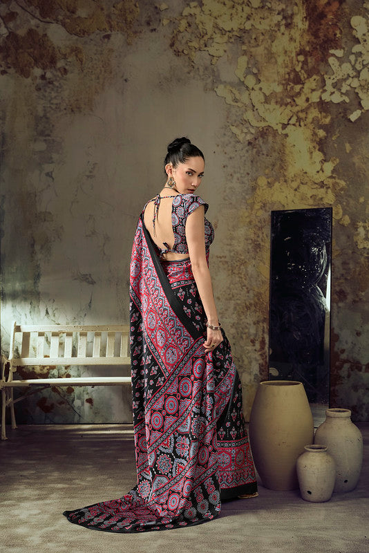 Red Black Ajrakh Printed Saree