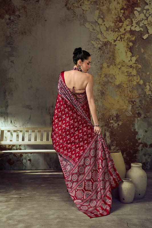 Cherry Red Ajrakh Printed Saree
