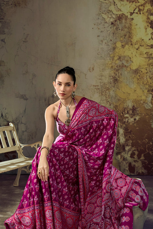 Mulberry Pink Ajrakh Printed Saree