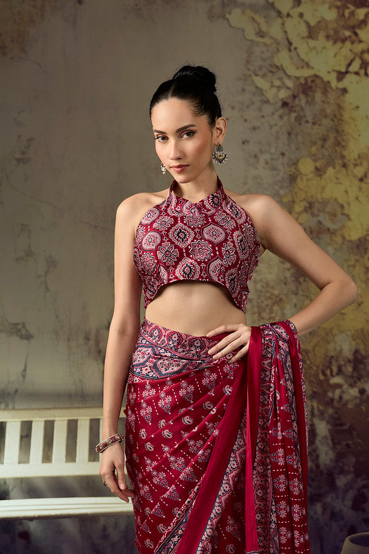 Cherry Red Ajrakh Printed Saree