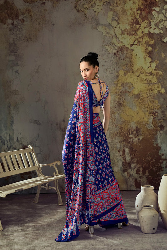 Midnight Blue Ajrakh Printed Saree