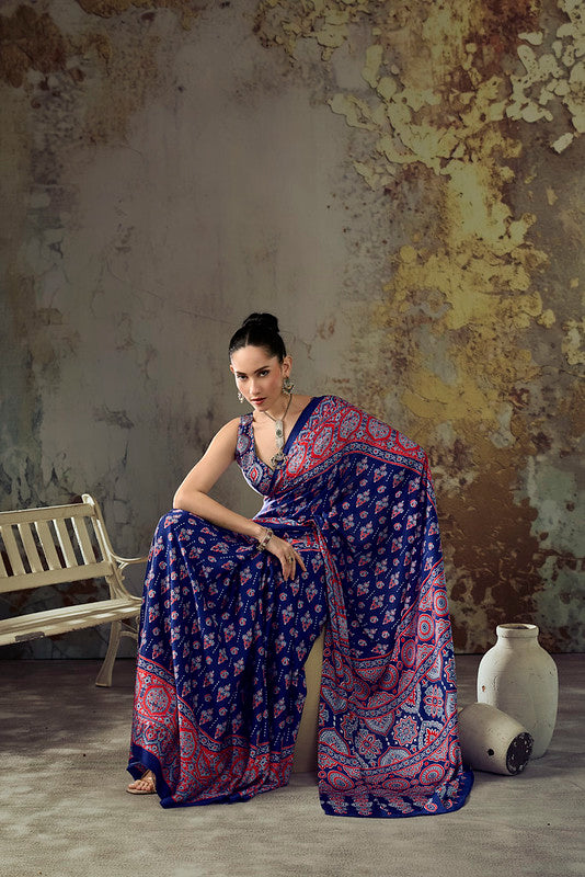 Midnight Blue Ajrakh Printed Saree