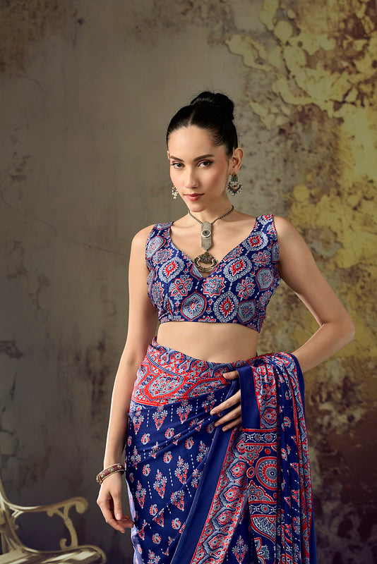 Midnight Blue Ajrakh Printed Saree