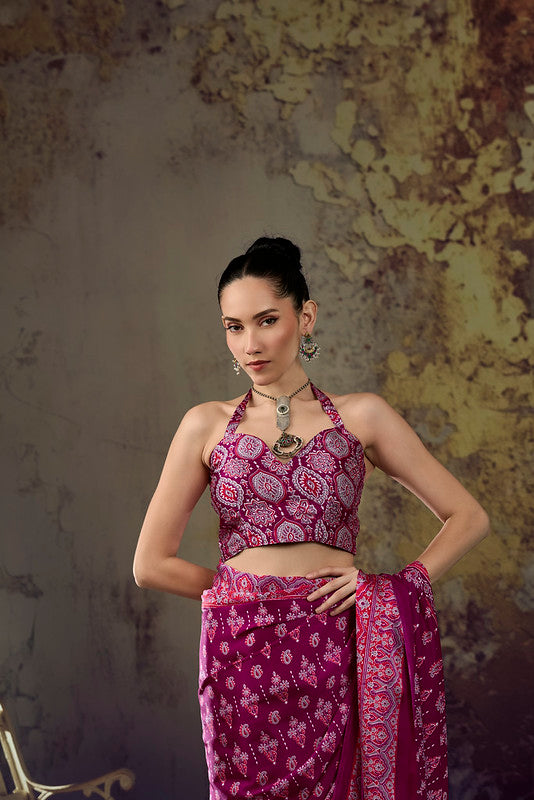 Mulberry Pink Ajrakh Printed Saree