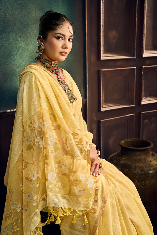 yellow Munga Pure Cotton Handloom Saree