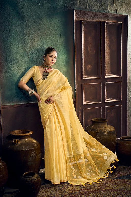 yellow Munga Pure Cotton Handloom Saree