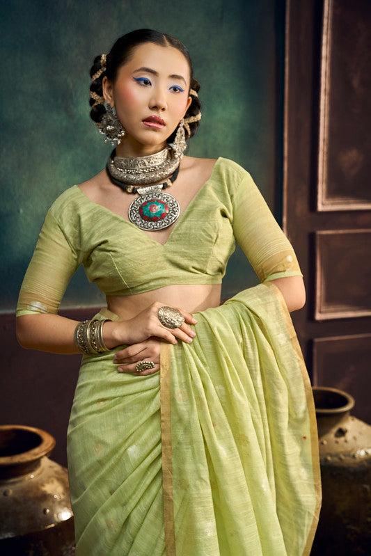 Pista Green Munga Pure Cotton Handloom Saree