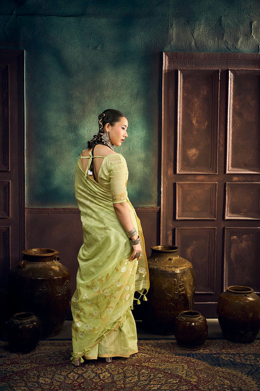 Pista Green Munga Pure Cotton Handloom Saree