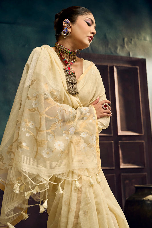 STORI Cream Off White  Munga Pure Cotton Handloom Saree