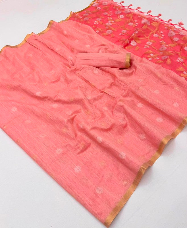Peach Pink Munga Pure Cotton Handloom Saree