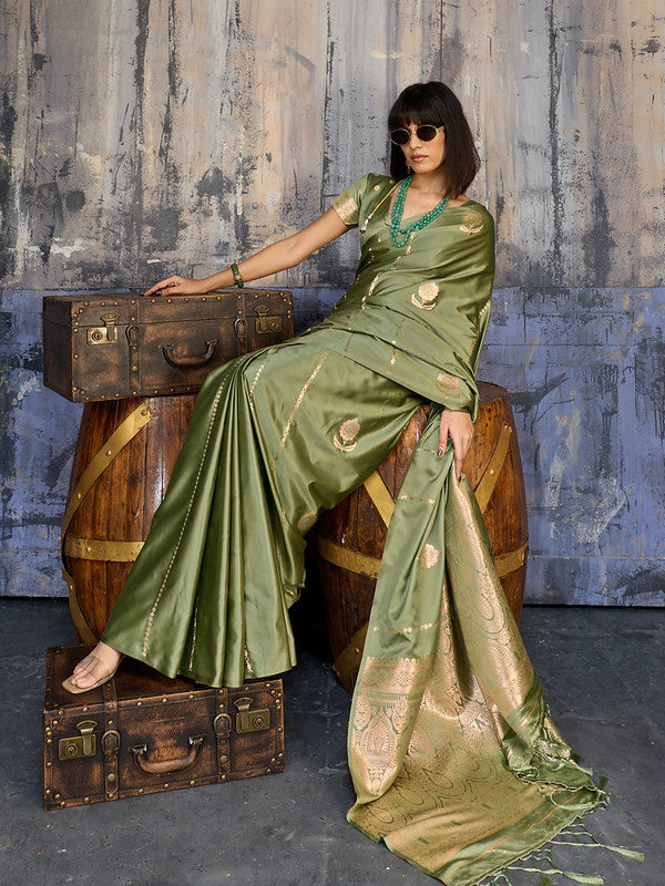 Moss Green Satin Silk Saree