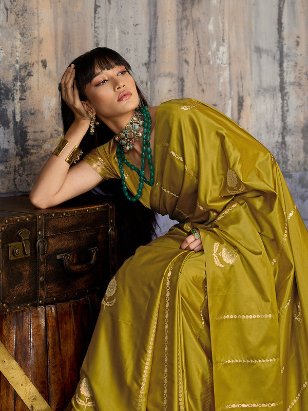 STORI Mehendi Green Satin Silk Saree