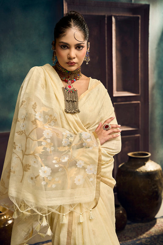 STORI Cream Off White  Munga Pure Cotton Handloom Saree
