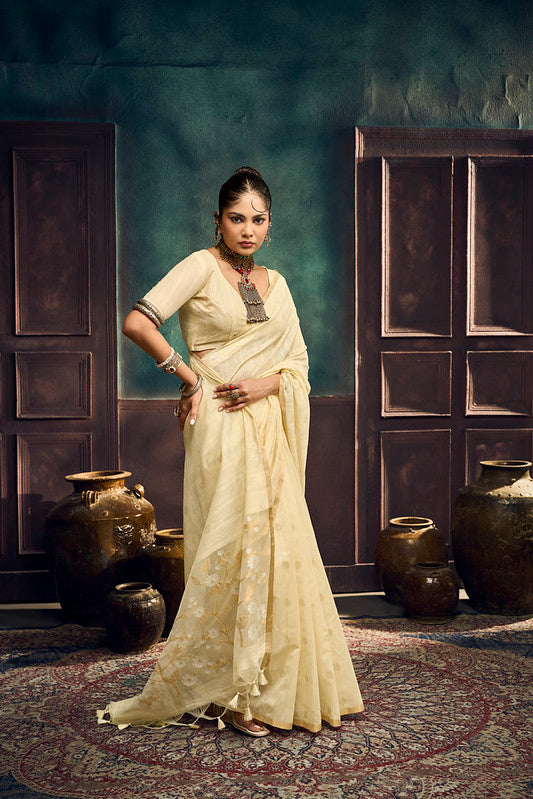STORI Cream Off White  Munga Pure Cotton Handloom Saree