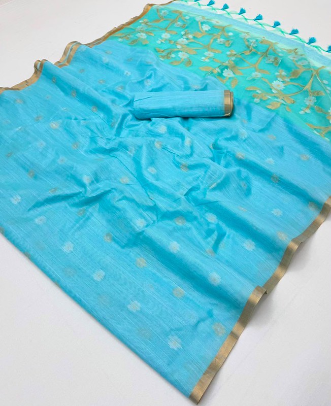 STORI Sky Blue Munga Pure Cotton Handloom Saree