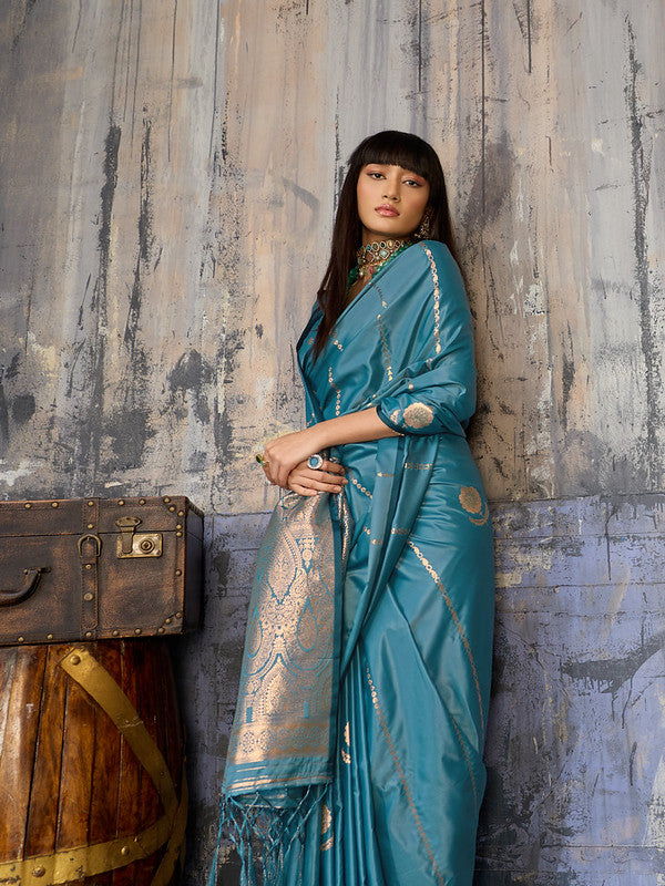 Teal Blue Satin Silk Saree