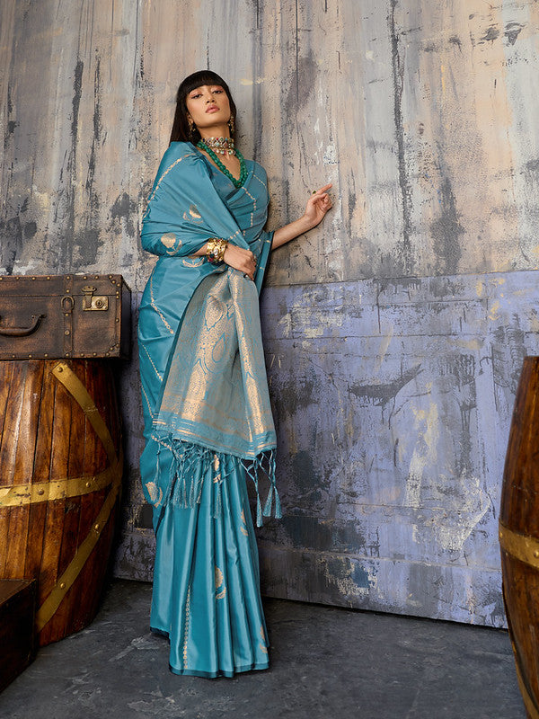 Teal Blue Satin Silk Saree