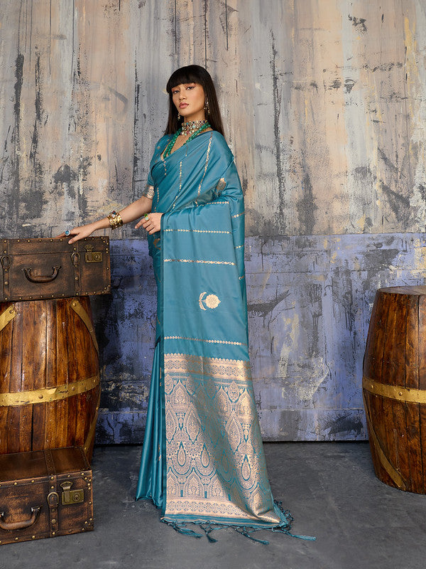 Teal Blue Satin Silk Saree