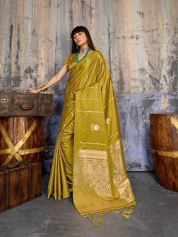 STORI Mehendi Green Satin Silk Saree