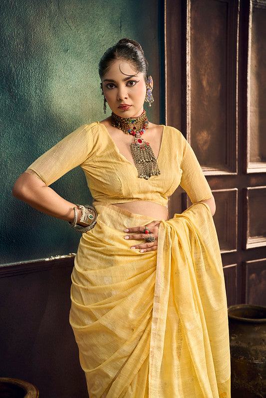 yellow Munga Pure Cotton Handloom Saree