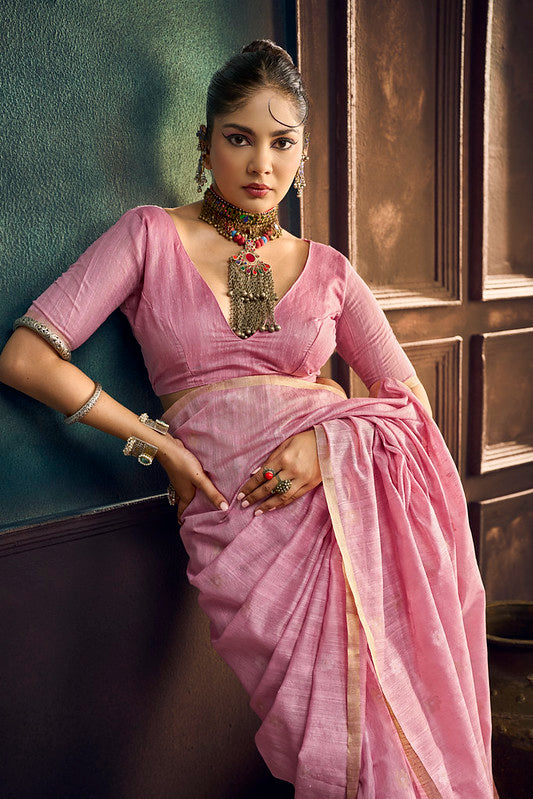 Rose Pink Munga Pure Cotton Handloom Saree
