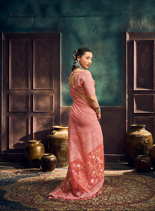 Peach Pink Munga Pure Cotton Handloom Saree