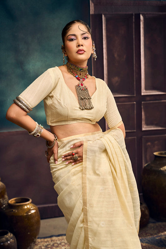 STORI Cream Off White  Munga Pure Cotton Handloom Saree