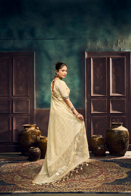 STORI Cream Off White  Munga Pure Cotton Handloom Saree