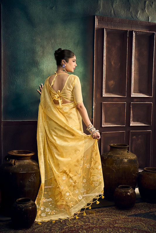 yellow Munga Pure Cotton Handloom Saree
