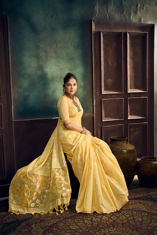 yellow Munga Pure Cotton Handloom Saree