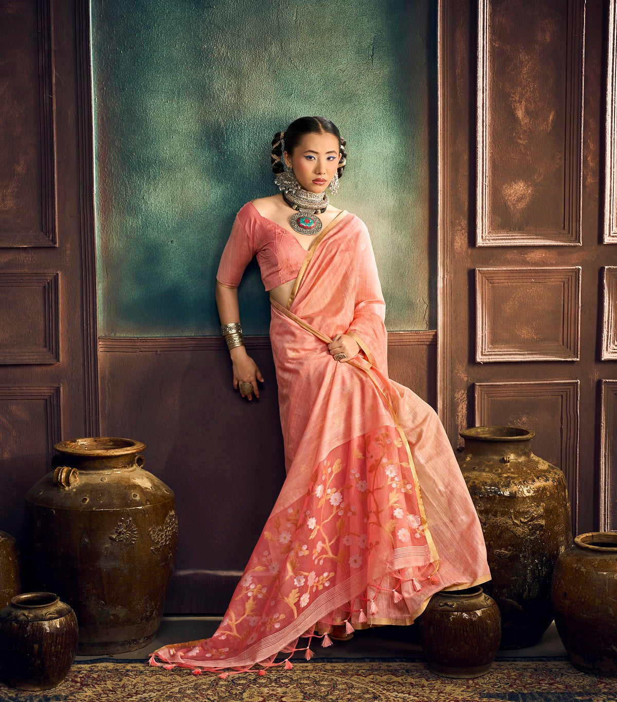 Peach Pink Munga Pure Cotton Handloom Saree
