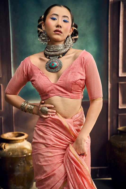 Peach Pink Munga Pure Cotton Handloom Saree