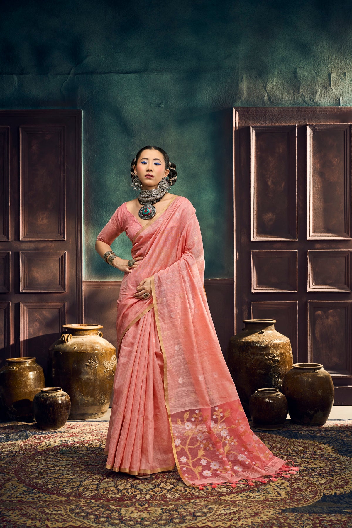 Peach Pink Munga Pure Cotton Handloom Saree