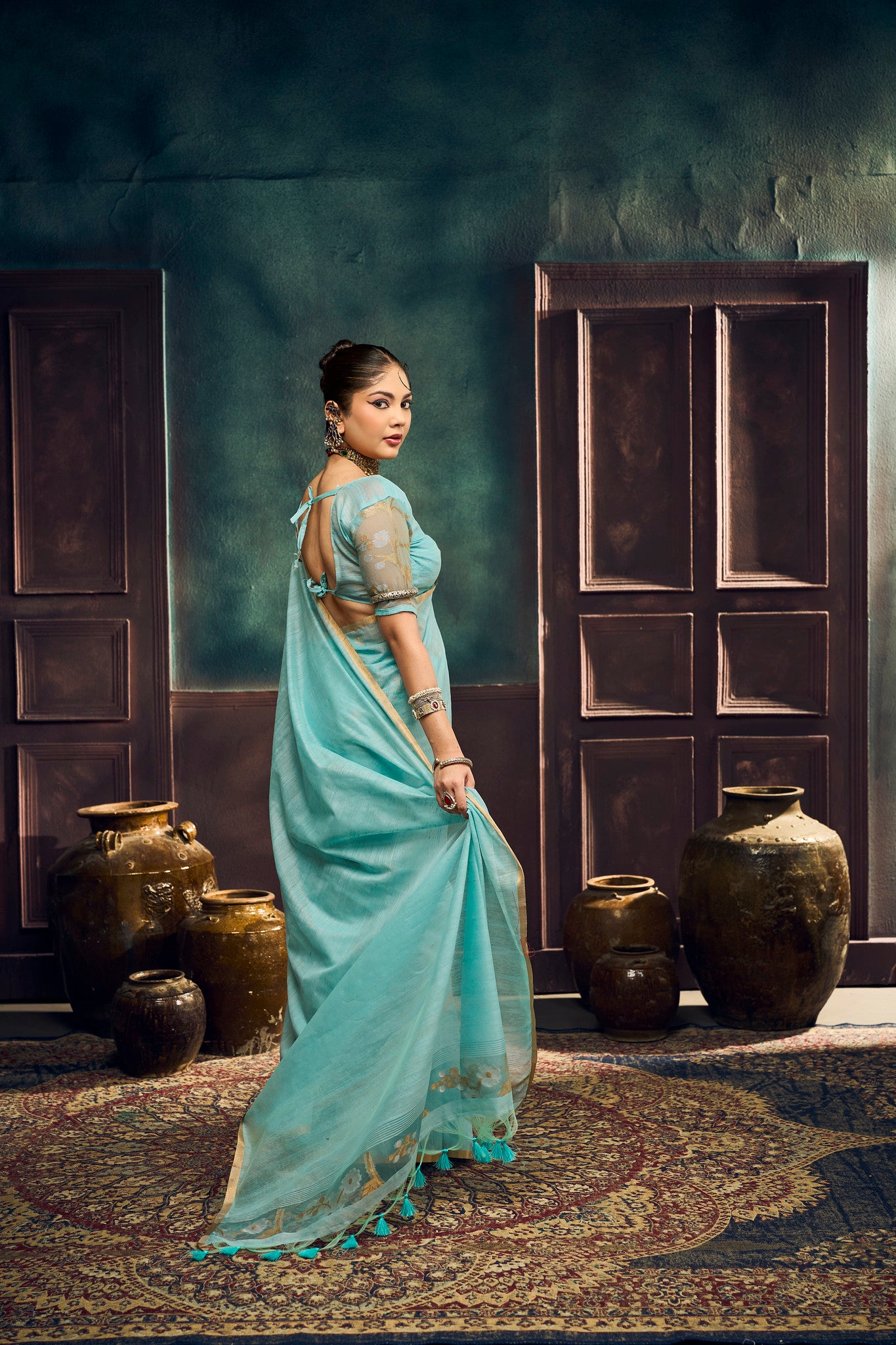 STORI Sky Blue Munga Pure Cotton Handloom Saree
