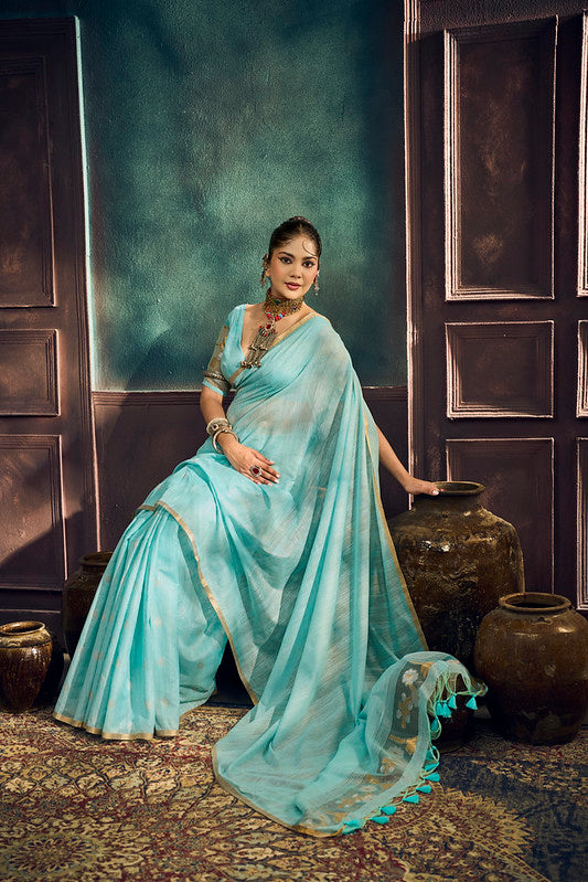 STORI Sky Blue Munga Pure Cotton Handloom Saree