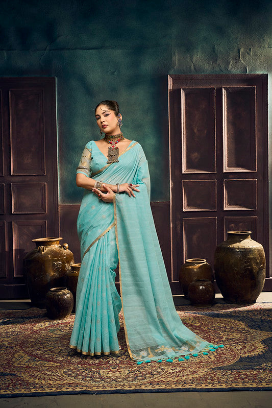 STORI Sky Blue Munga Pure Cotton Handloom Saree