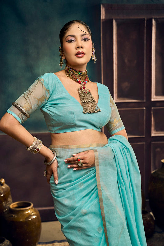 STORI Sky Blue Munga Pure Cotton Handloom Saree
