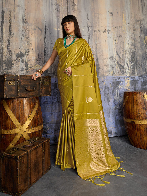 STORI Mehendi Green Satin Silk Saree