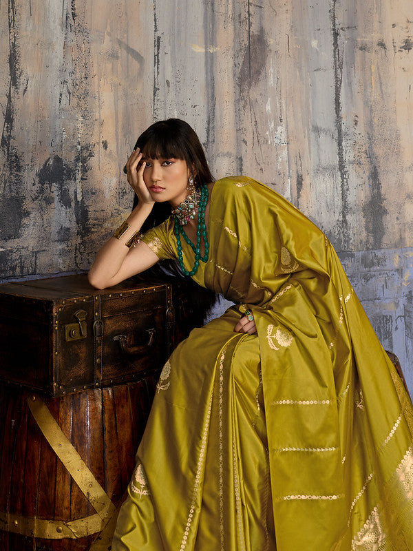 STORI Mehendi Green Satin Silk Saree