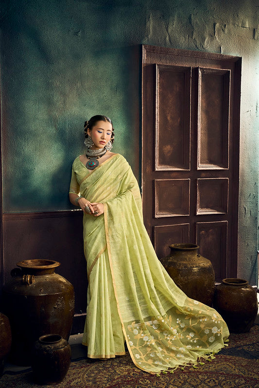Pista Green Munga Pure Cotton Handloom Saree