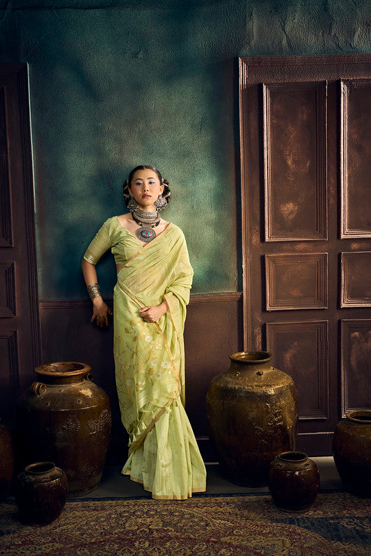 Pista Green Munga Pure Cotton Handloom Saree