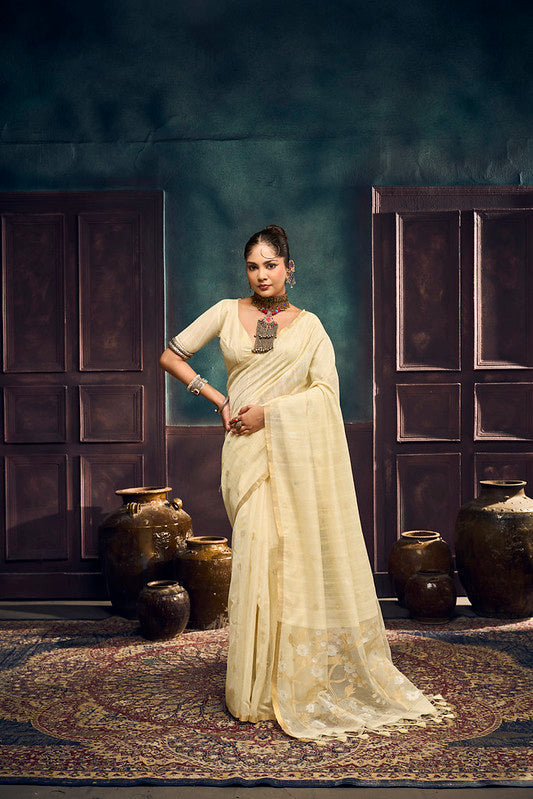 STORI Cream Off White  Munga Pure Cotton Handloom Saree