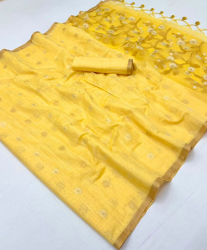 yellow Munga Pure Cotton Handloom Saree