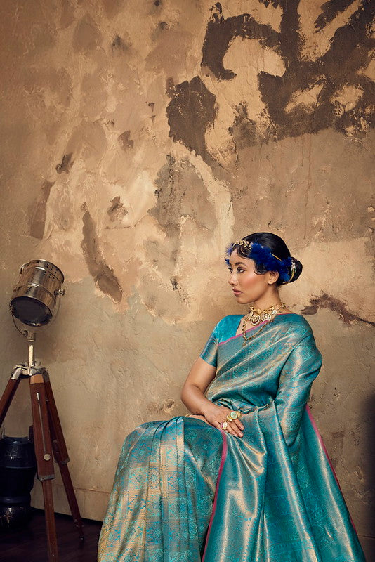 STORI Turquoise Handloom Woven Silk Saree