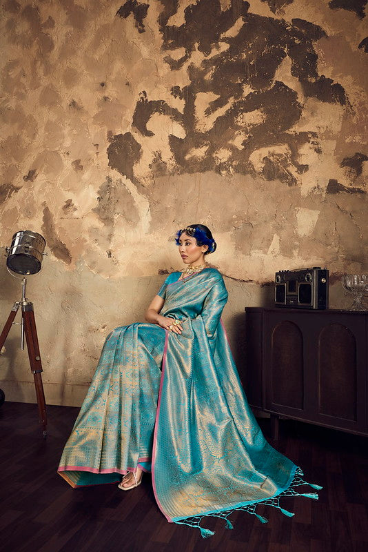 STORI Turquoise Handloom Woven Silk Saree