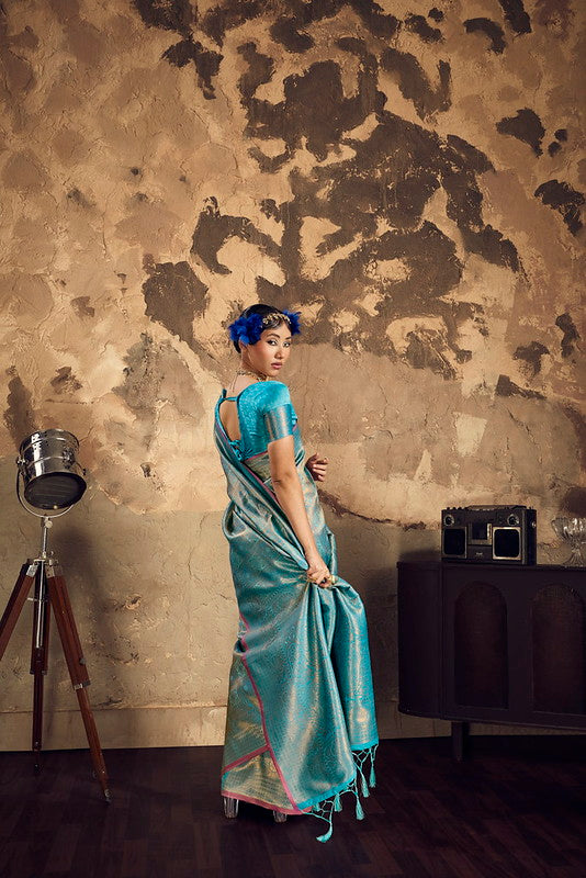 STORI Turquoise Handloom Woven Silk Saree