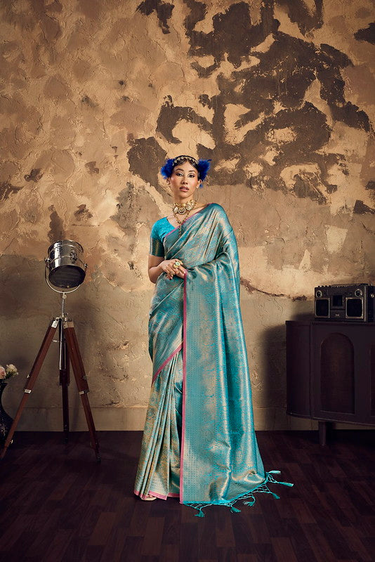 STORI Turquoise Handloom Woven Silk Saree