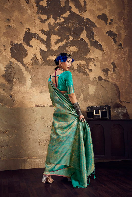 STORI Peacock Green Handloom Woven Silk Saree